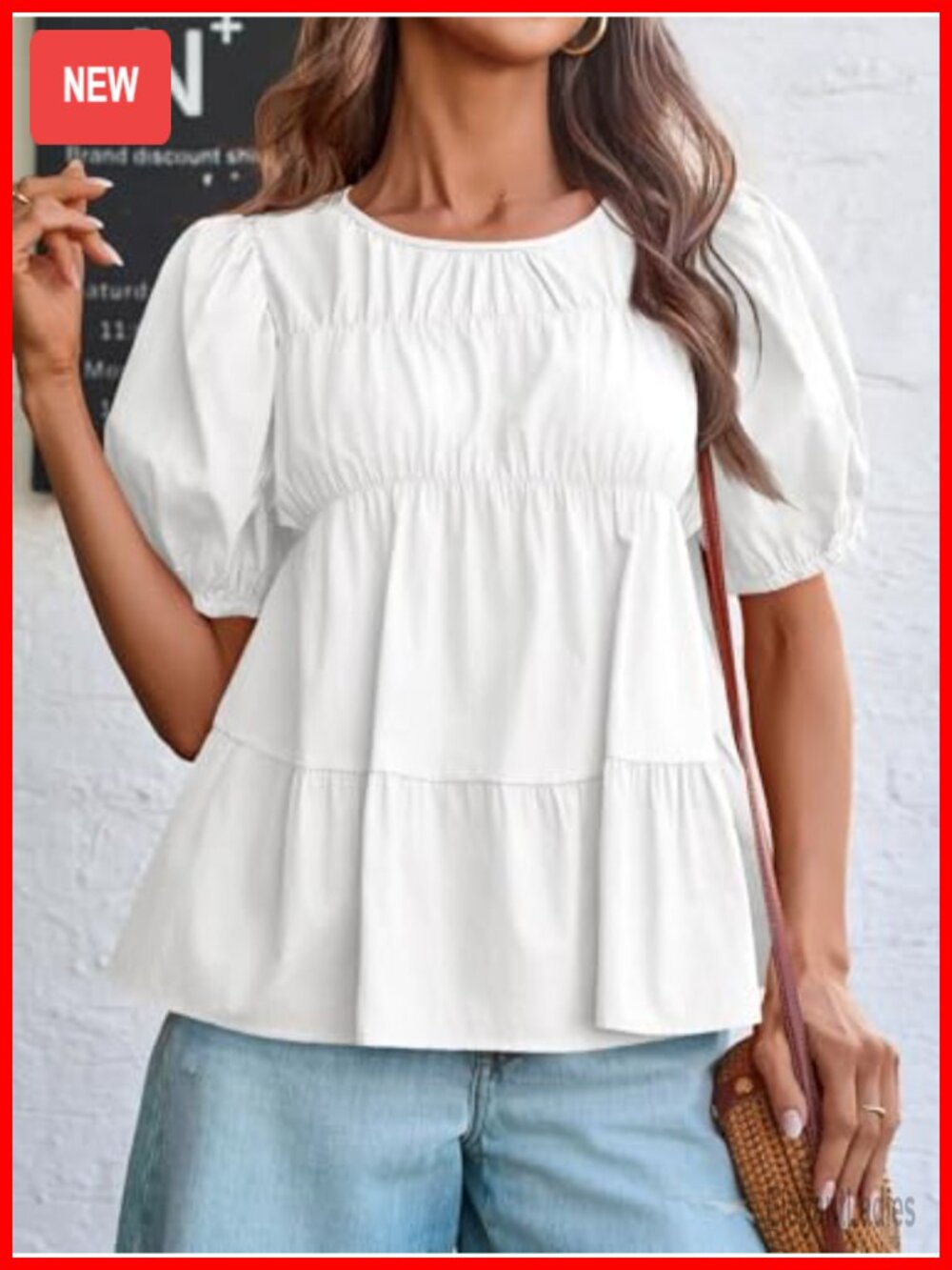 Women's Cotton Puff Sleeve Babydoll Top Summer Flowy Blouse - Picture 2 of 6
